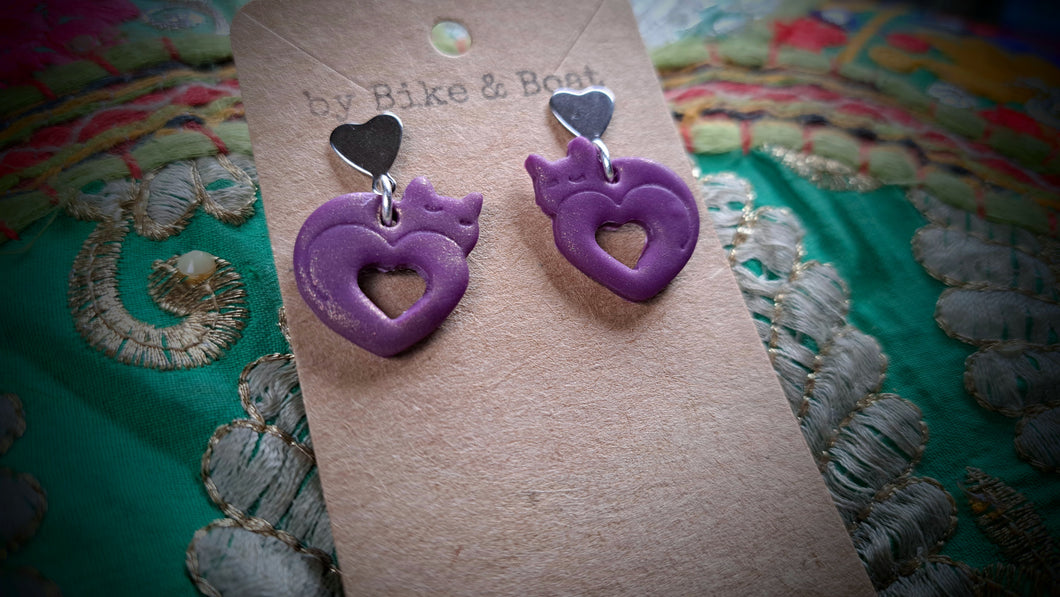 Purple Kitty Heart Earrings ( Studs)