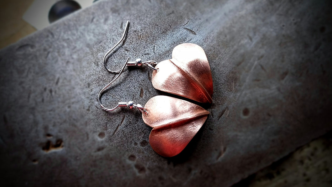 Fold Formed Copper Heart Earrings