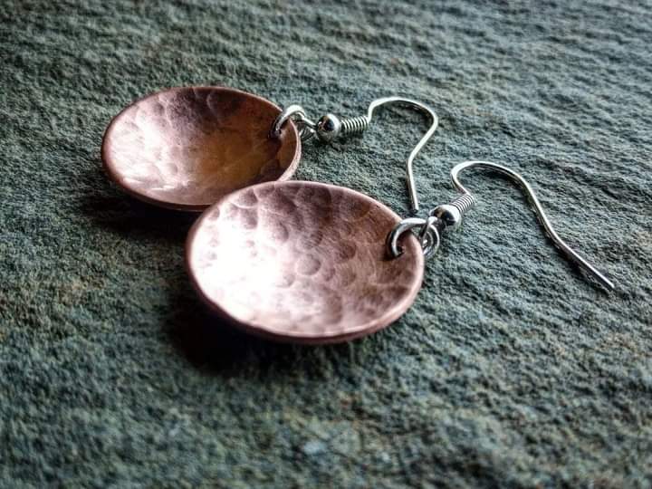 Dished Ball Pein Hammered Round Copper Earrings