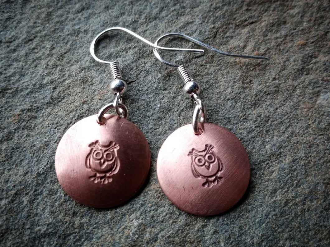 Domed Owl Round Copper Earrings