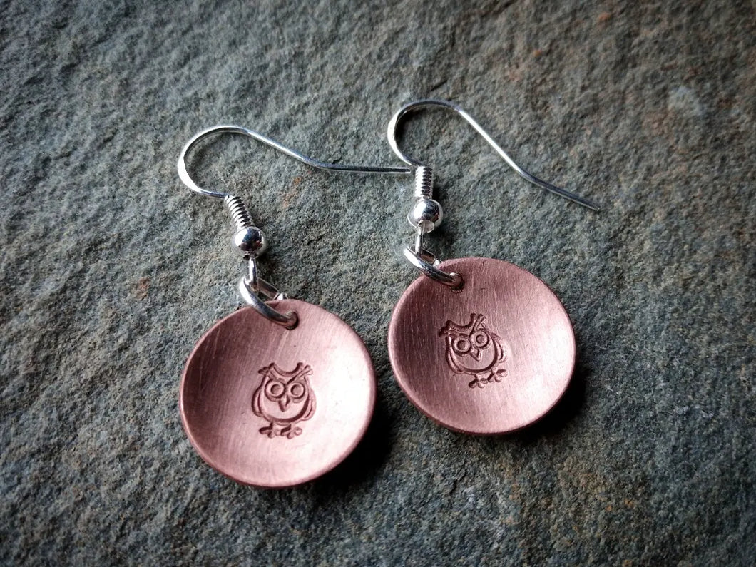 Dished Owl Round Copper Earrings